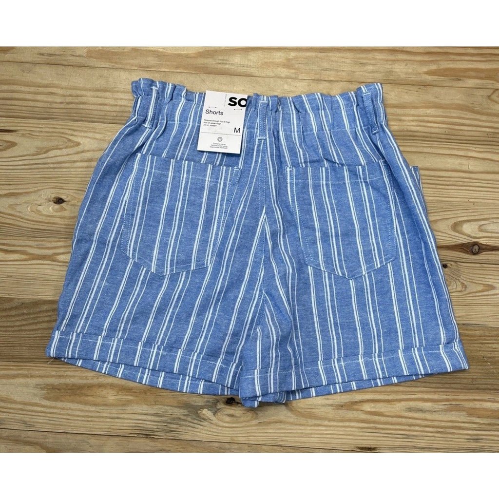 NWT SO Juniors Blue and White Stripped Linen/Rayon Shorts Elastic Waist Size M