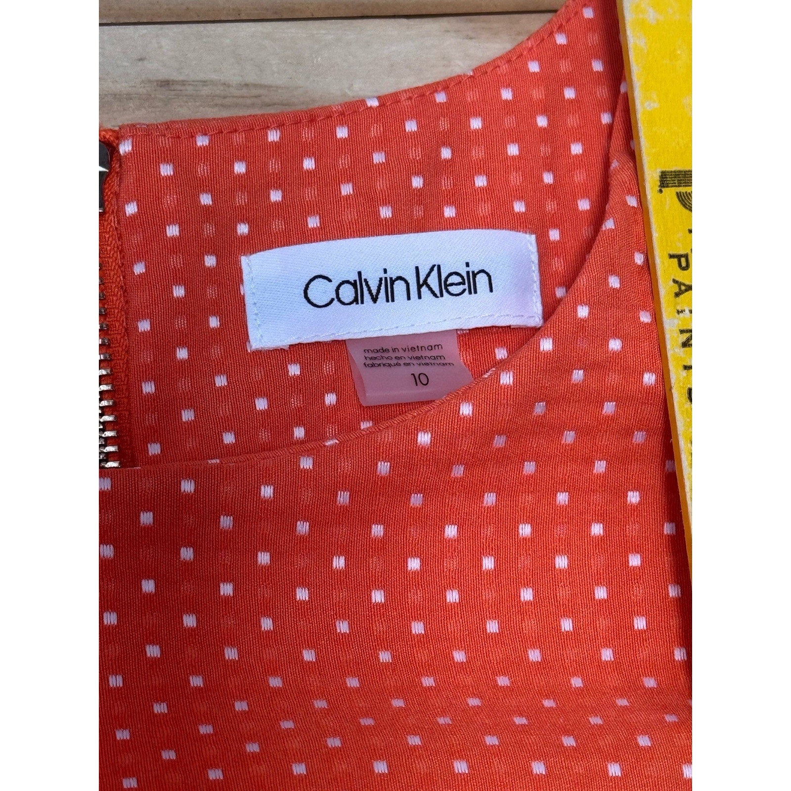 Calvin Klein Dress Orange Polka Dot Sheath Sleeveless Career Women’s Size 10