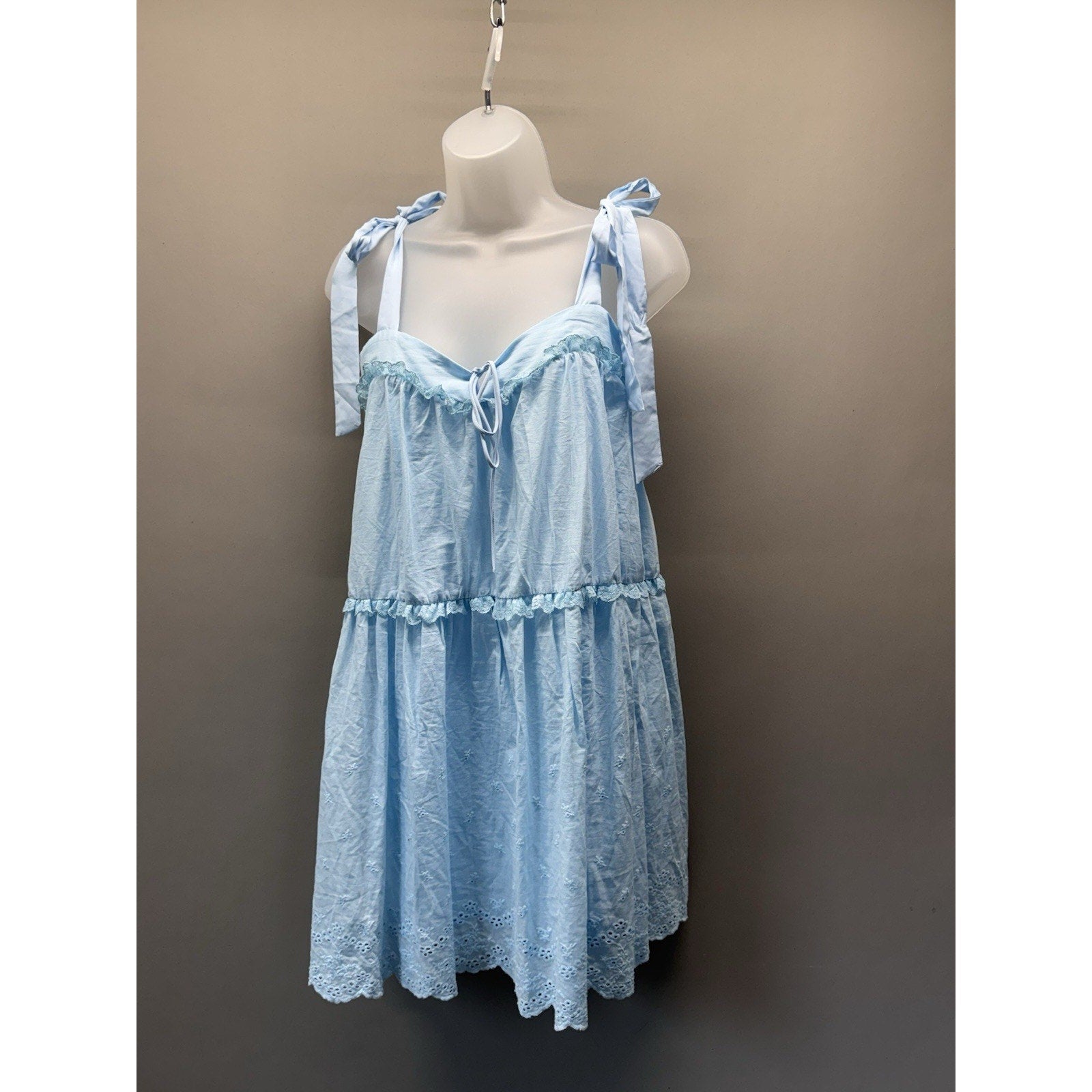 Cider Blue Eyelet Babydoll Mini Dress Tie Shoulder Cottagecore NWT Women M