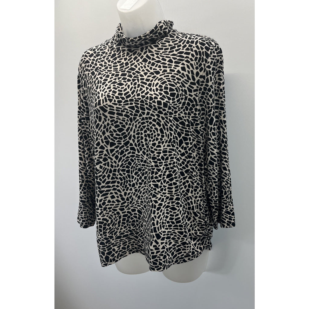 Chico's Black & Beige Animal Print Mock Neck Stretch Blouse, Size 2