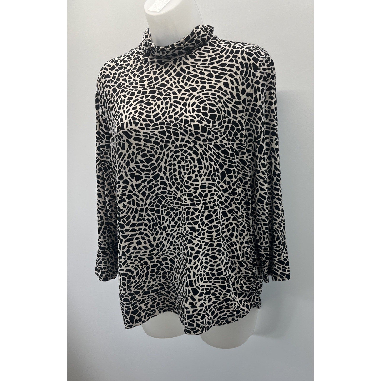 Chico's Black & Beige Animal Print Mock Neck Stretch Blouse, Size 2