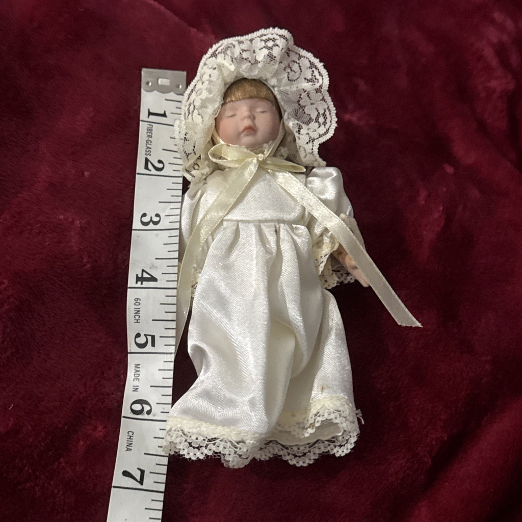 Vintage Mini Porcelain Baby Doll 5” White Satin Lace Dress Bonnet Collectible