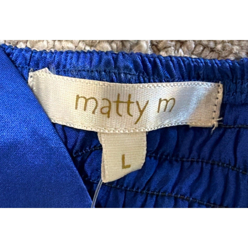 Matty M Blue V Neck 100% Silk Sleeveless Babydoll Tank Top Womens L NWT