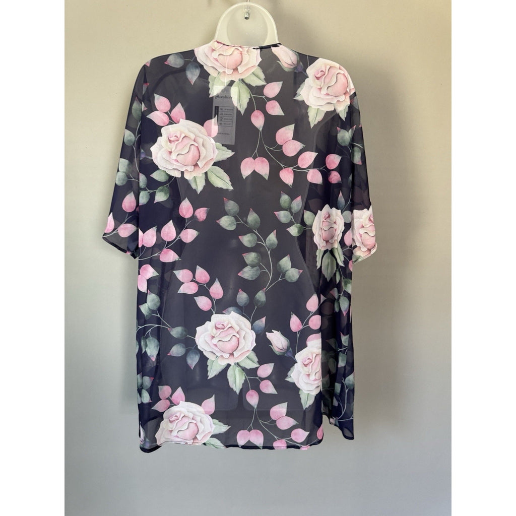 Womens Sheer Floral Kimono Cardigan Open Front Chiffon Boho Cover Up Black Pink