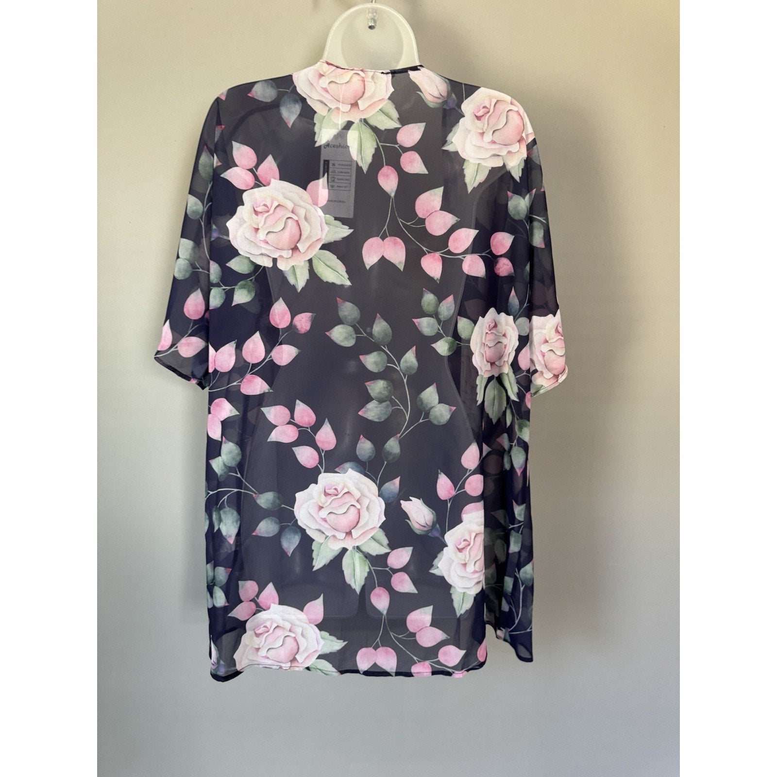 Womens Sheer Floral Kimono Cardigan Open Front Chiffon Boho Cover Up Black Pink