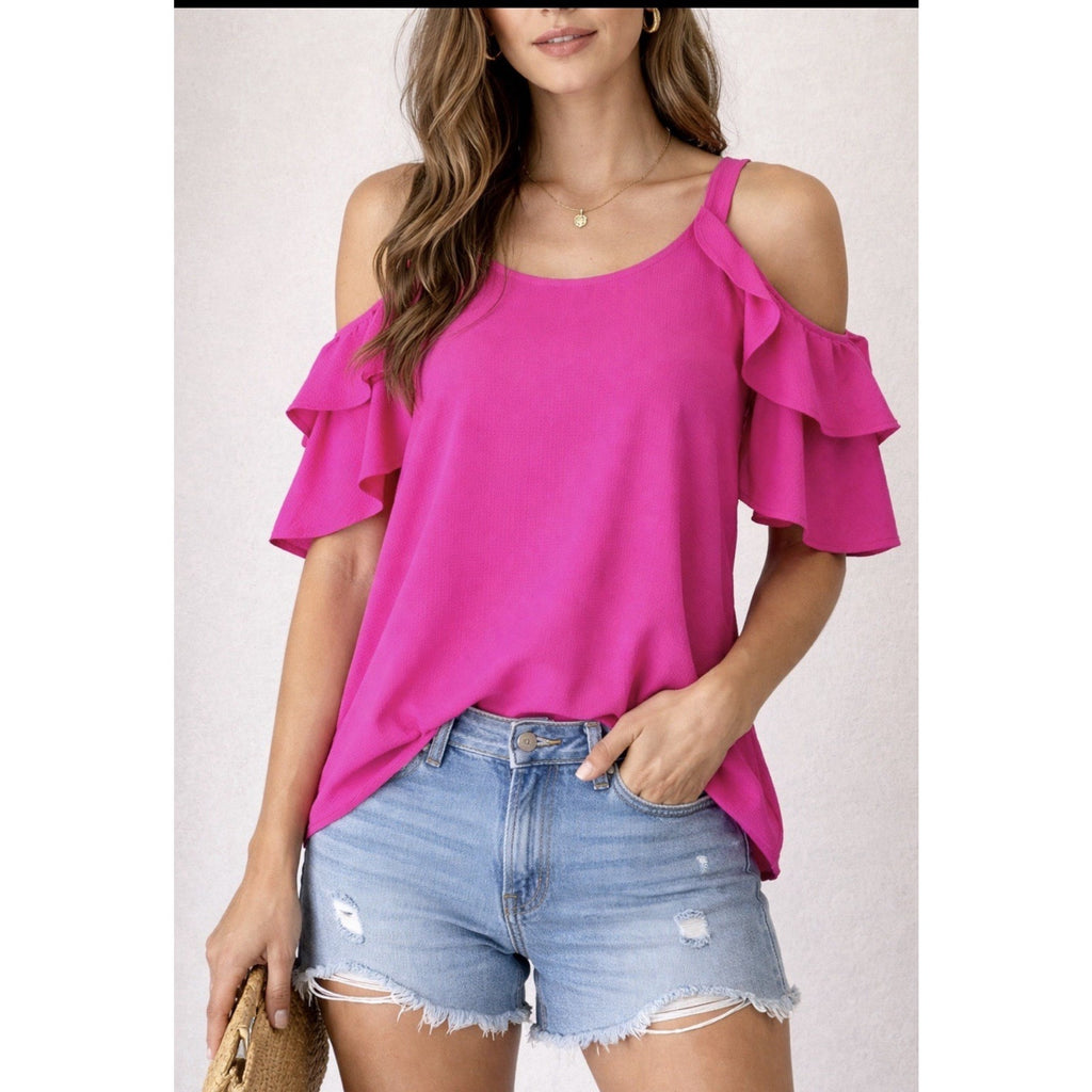 Umgee Cold Shoulder Ruffle Top Women’s Small Hot Pink Boutique Blouse NWT