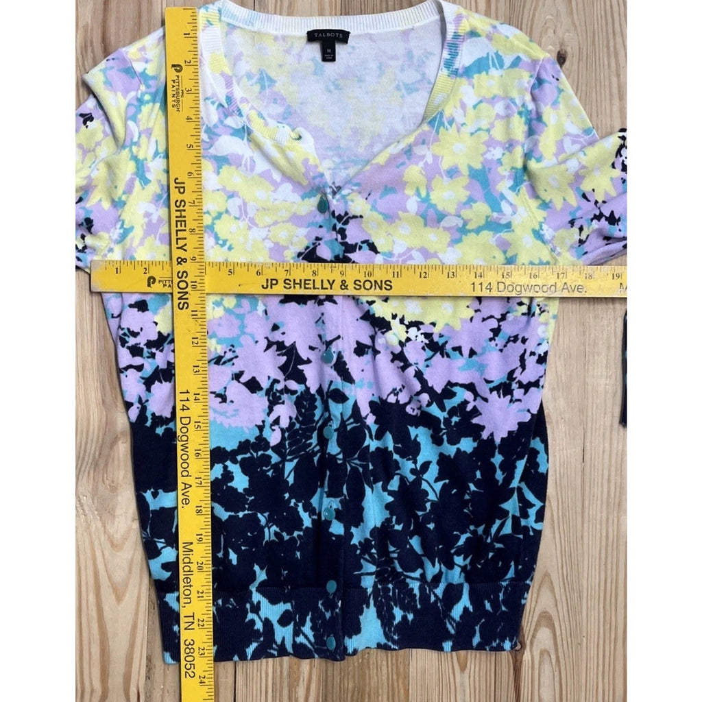 Talbots Floral Cardigan Sweater Button Up 3/4 Sleeve Cotton Rayon Size M