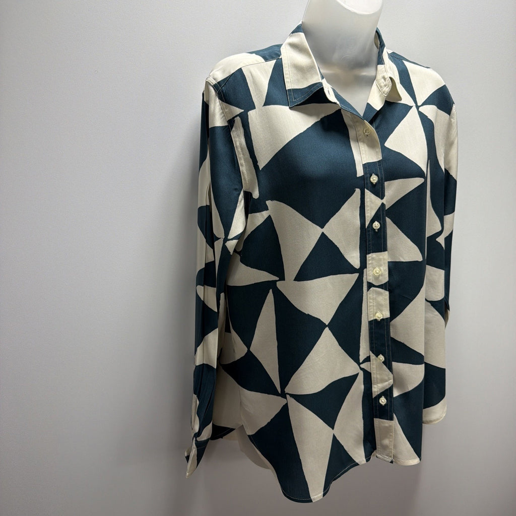 LOFT Womens Sz Medium Long Sleeve Blouse Button Front Geometric Green Off White