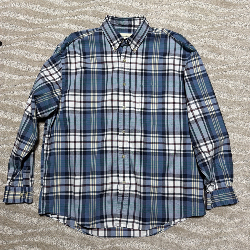 Eddie Bauer Shirt Mens L Blue Plaid Pocket Button Down Casual Western