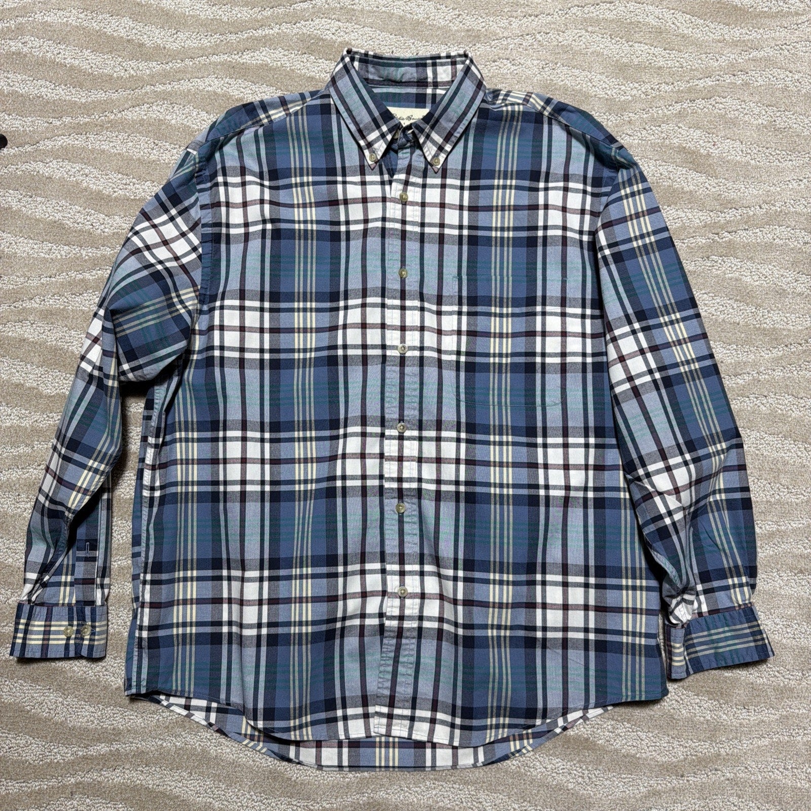 Eddie Bauer Shirt Mens L Blue Plaid Pocket Button Down Casual Western