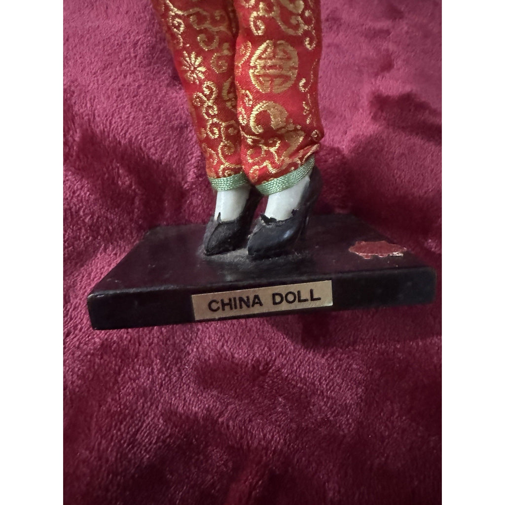 Vintage Taiwan Chinese Doll 14” Red Gold Brocade Folk Art Costume Stand
