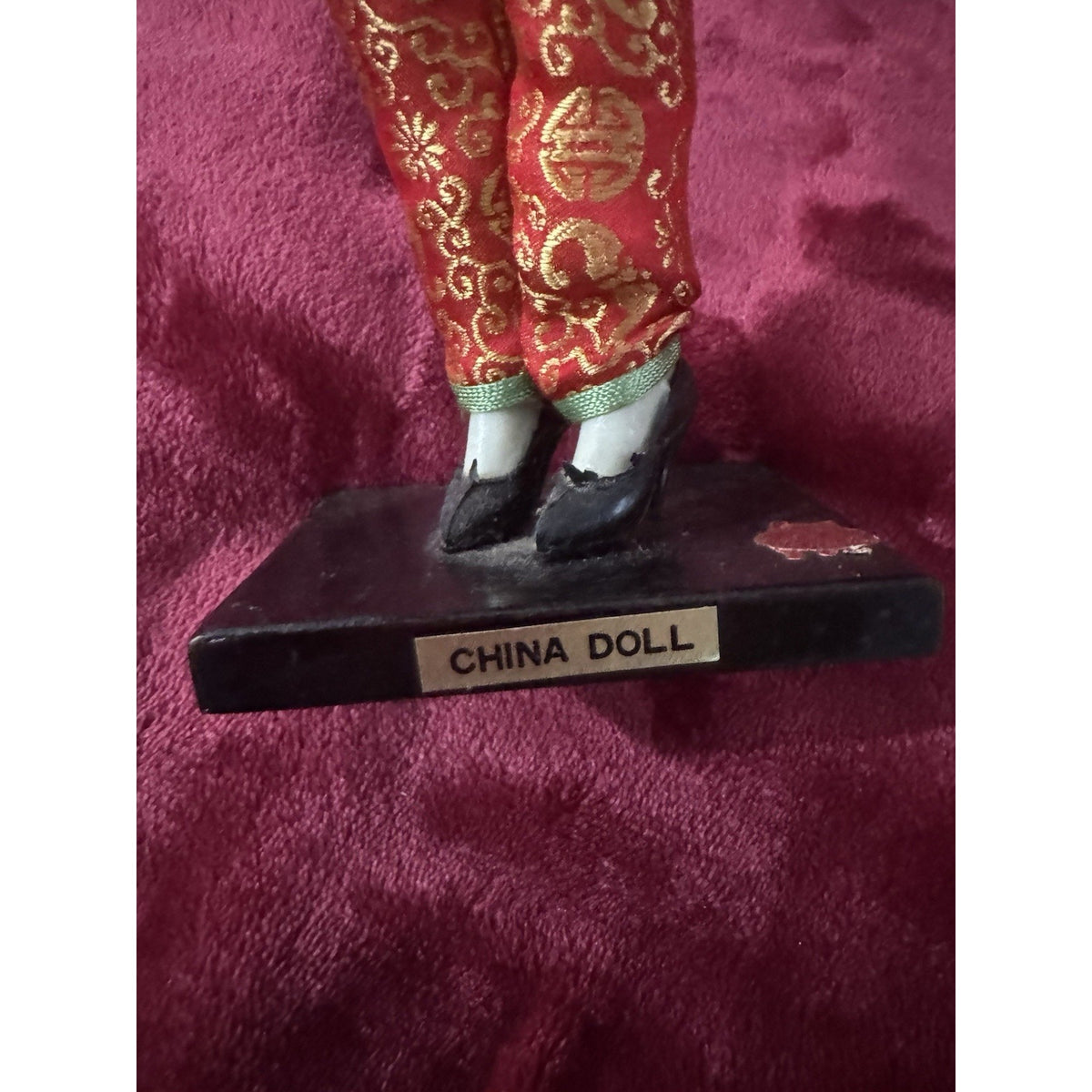 Vintage Taiwan Chinese Doll 14” Red Gold Brocade Folk Art Costume Stand