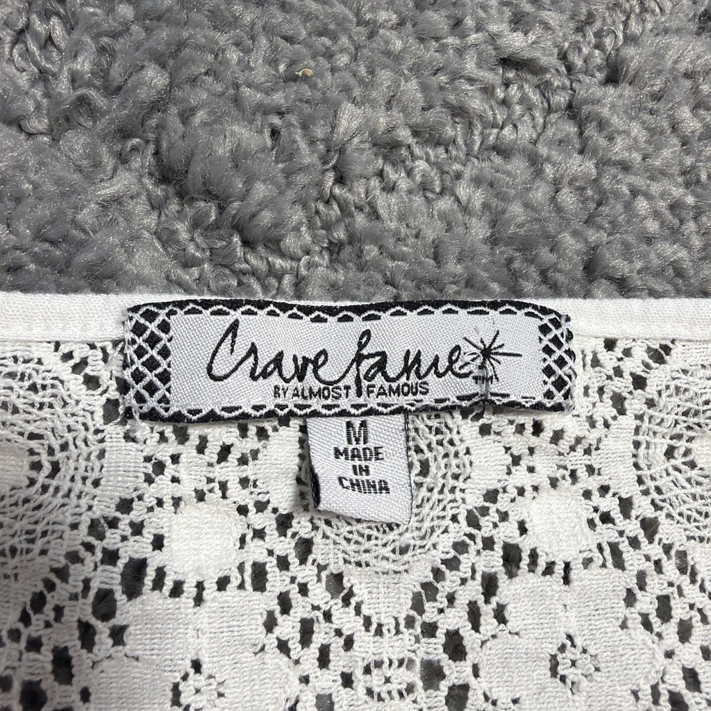 Crave Fame White Off the Shoulder Top M Bell Sleeve Lace Back Embroidered Trim