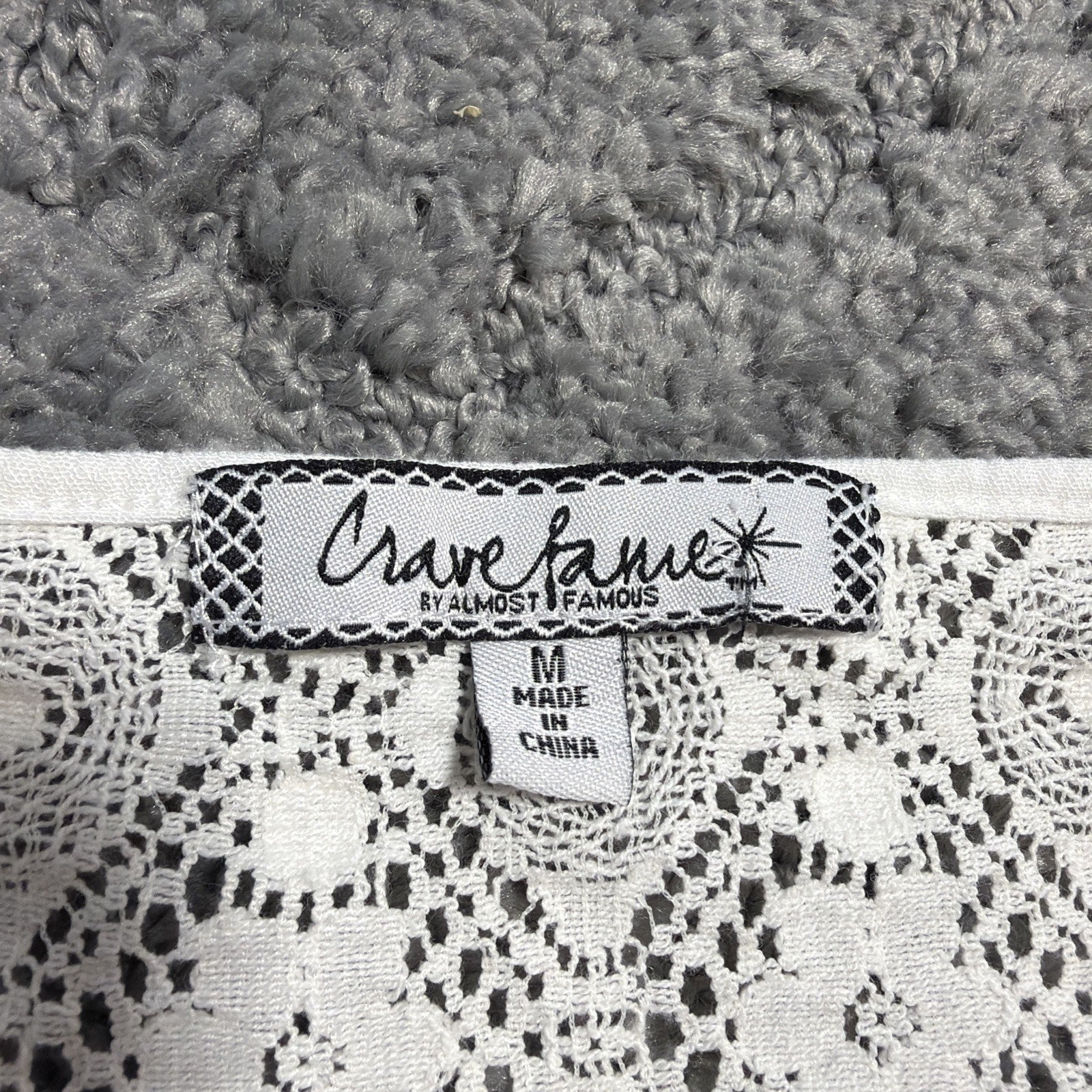 Crave Fame White Off the Shoulder Top M Bell Sleeve Lace Back Embroidered Trim