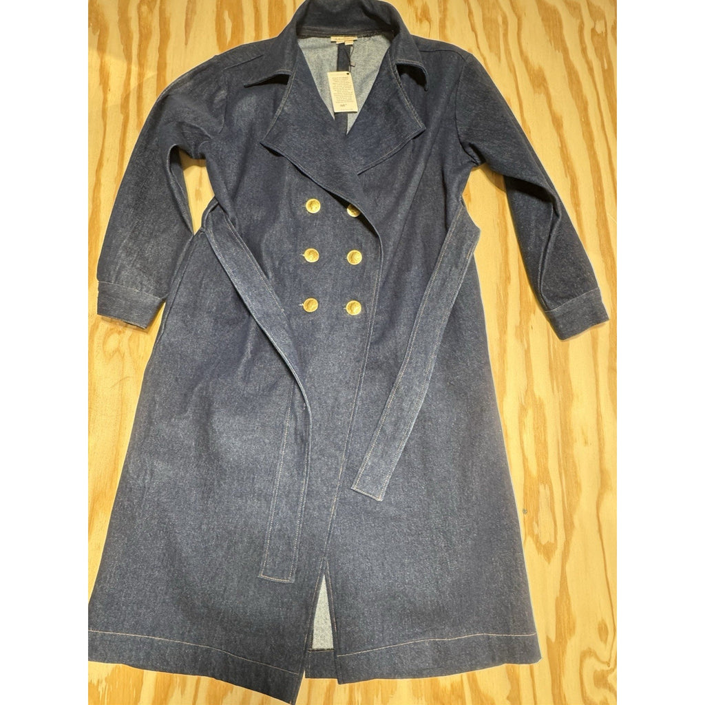 Naome House Adorn Dark Wash Denim Double Breast Trench Coat Gold Button New S/M