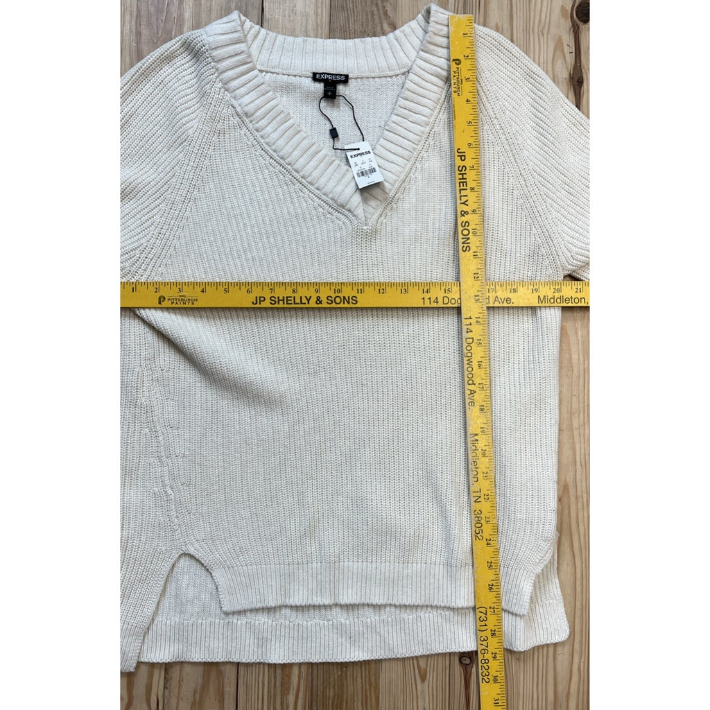Express Sweater Womens Beige Pullover V-Neck Dolman Sleeves Hi-Low Knit Size S