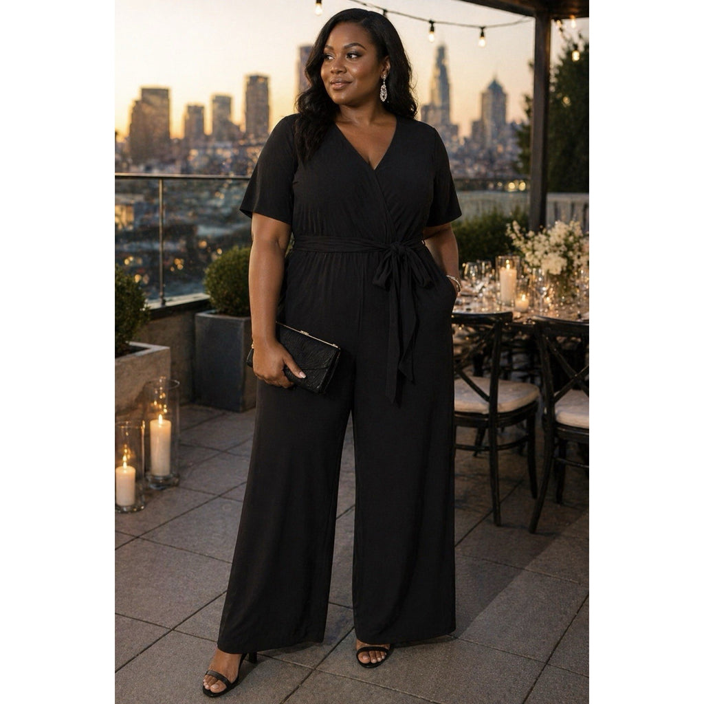 Lane Bryant NWT Womens Size 18 Black Wide Leg Jumpsuit Tie Waist V Neck $99