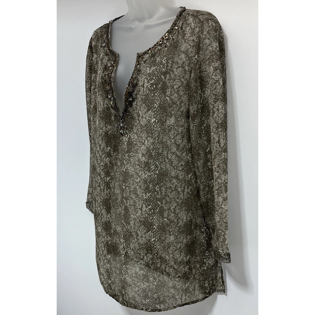 NEW Chicos Top Size 1 Medium Tan Snake Print Tunic Embellished Sheer Chiffon