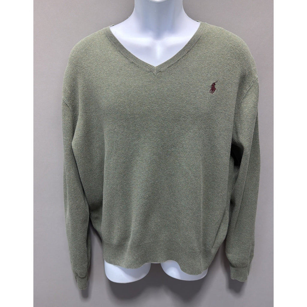 Polo Ralph Lauren Sweater Mens Large Green 100% Pima Cotton V Neck Preppy Casual