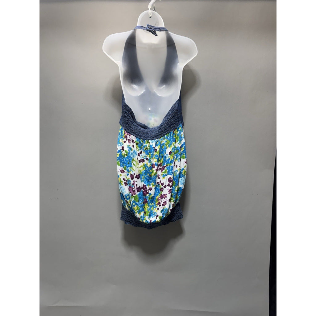 Y2K Denim Halter Dress Floral Bubble Hem Tie Waist Open Back Boho Festival Large