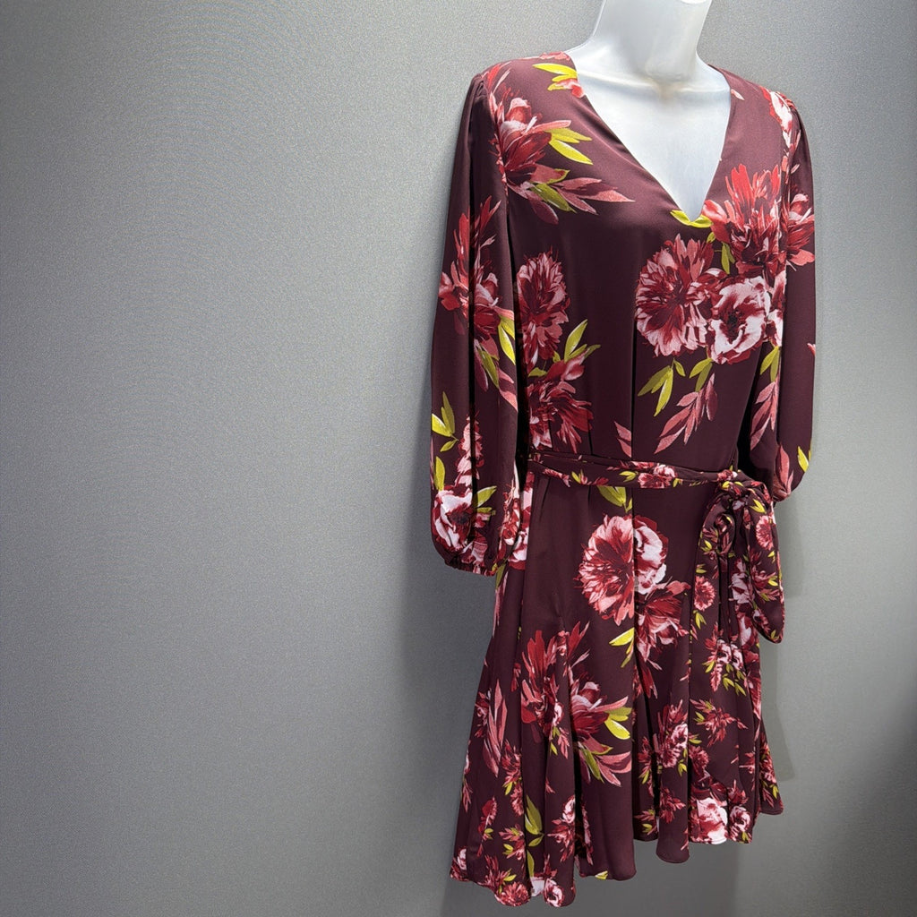 White House Black Market V-Neck Godet Dress, Burgundy Floral Size 8 NWT