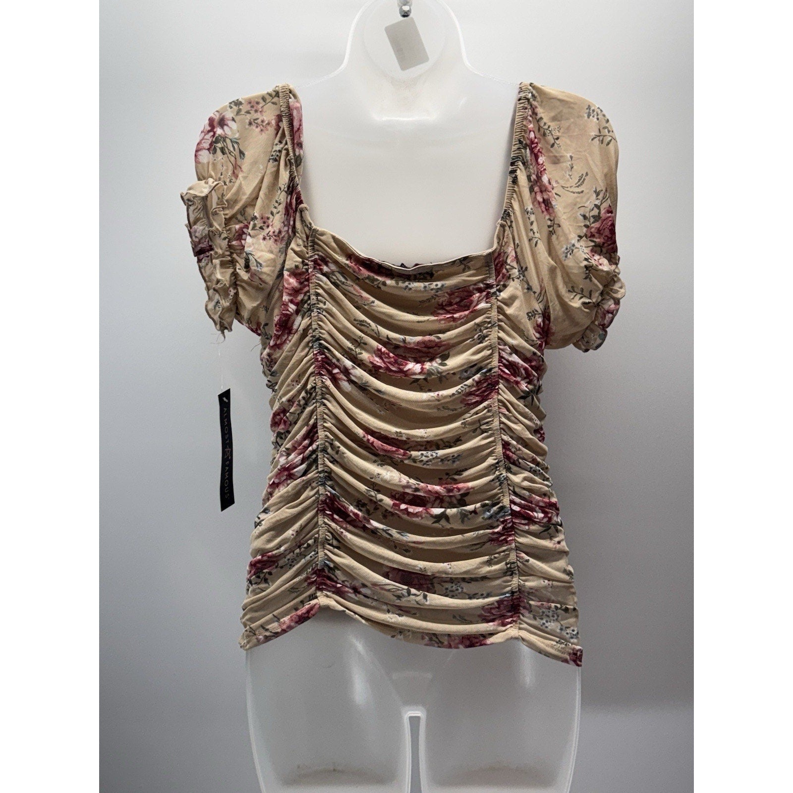 Almost Famous Floral Boho Cottagecore Ruffled Blouse, Tan Women’s Size L NWT