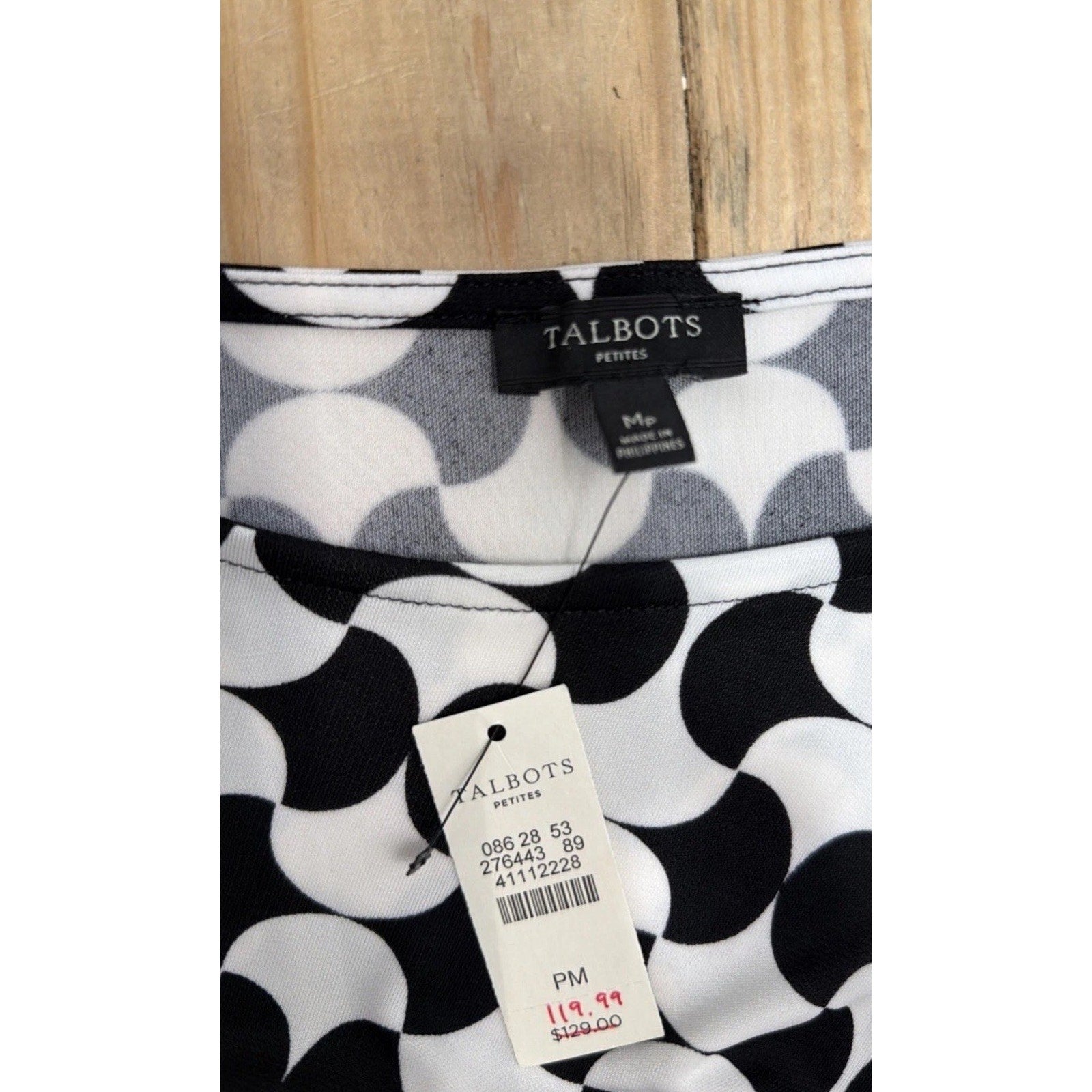 Talbots Dress Womens Petite M Black White Jersey Stretch Faux Wrap Career Casual