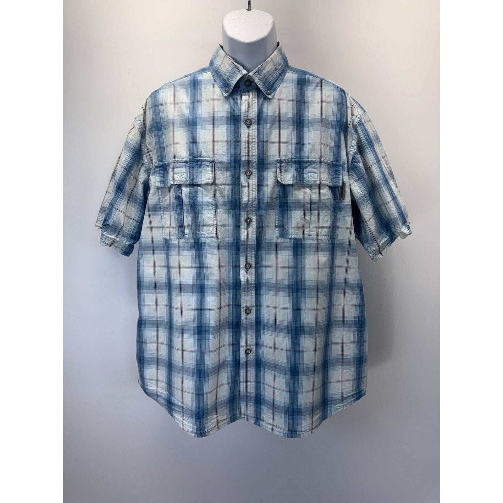 WOLVERINE Fishing Shirt White Blue Plaid 100% Cotton Men's XL