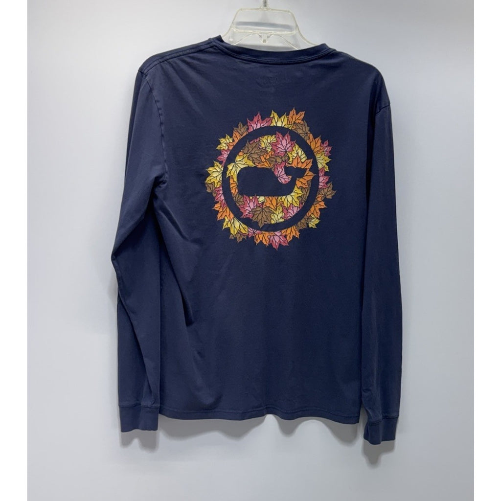 Vineyard Vines Gray Autumn Leaves Whale Dot L/S Pocket T-Shirt Mens Size Small