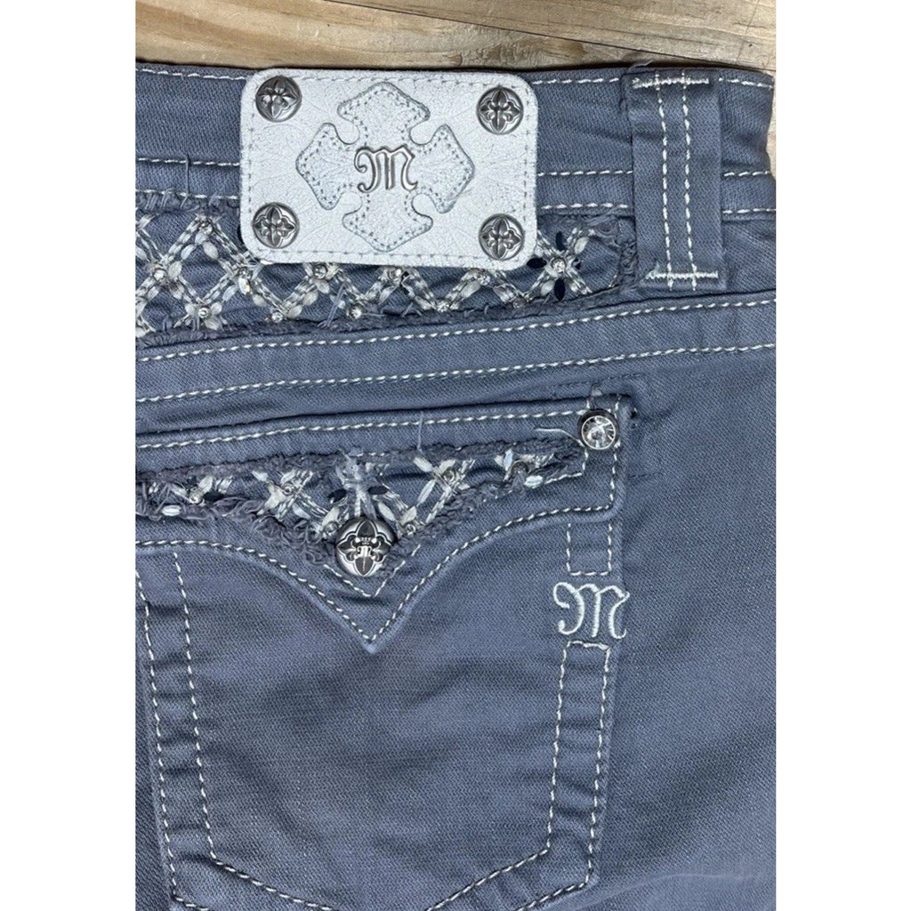 MISS ME Denim Women's Embroidery Rhinestones Low Rise Skinny Gray Jeans 30