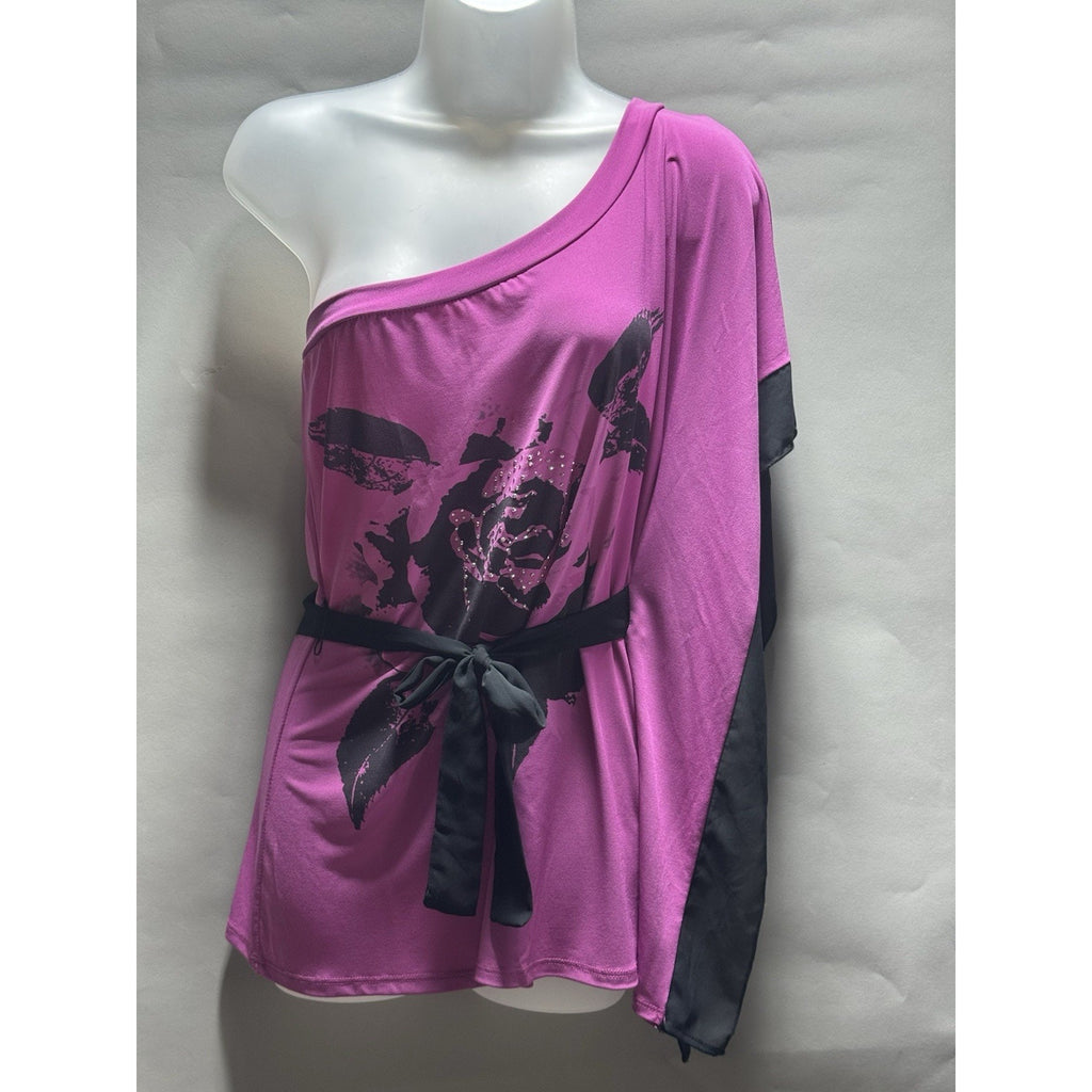L8ter Womens Large One Shoulder Tunic Top Pink Black Rose Rhinestone Belted USA