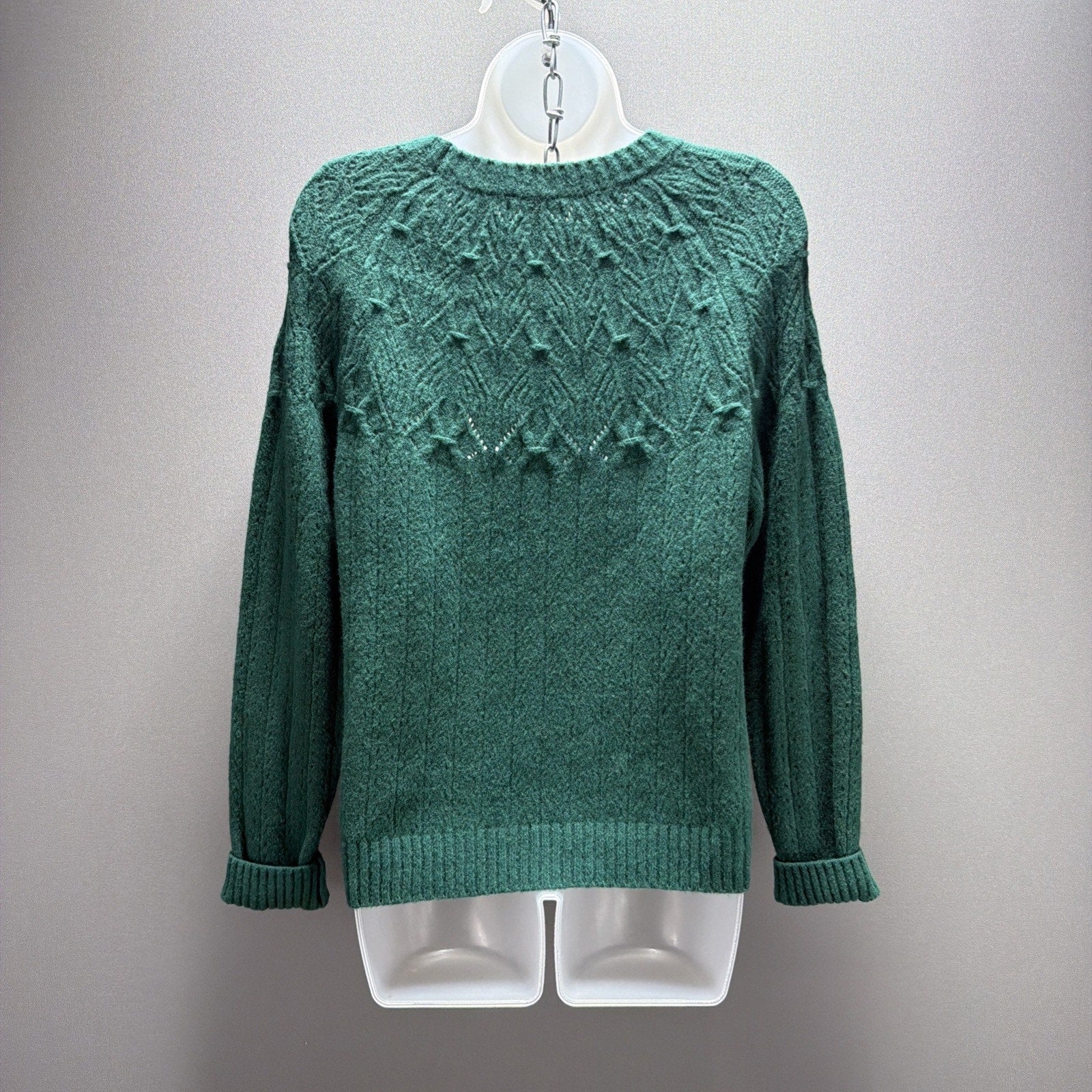 New Talbots Women's Wool Blend Cable Knit Fair Isle Green Sweater Sz S Stretch