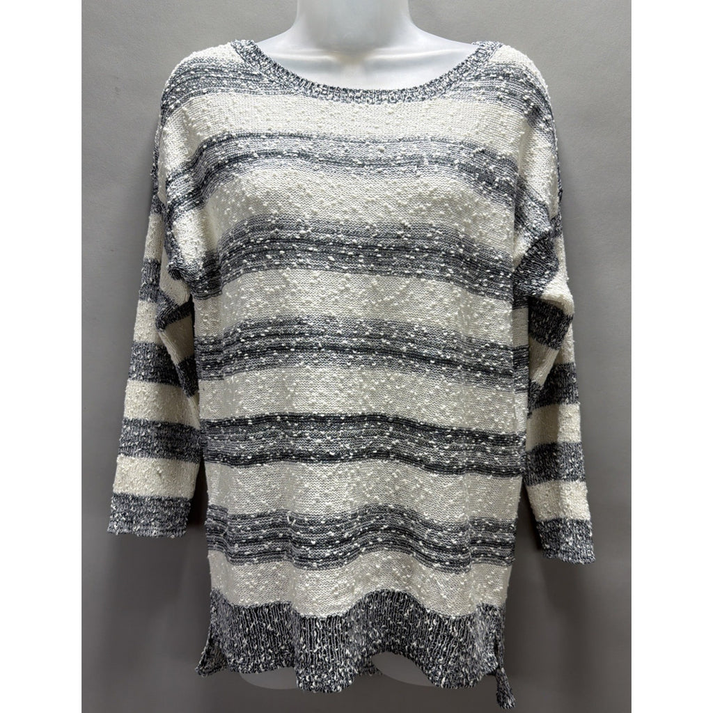 LOFT Women’s M Ivory Gray Striped Popcorn Knit Tunic Sweater Boat Neck Side Slit