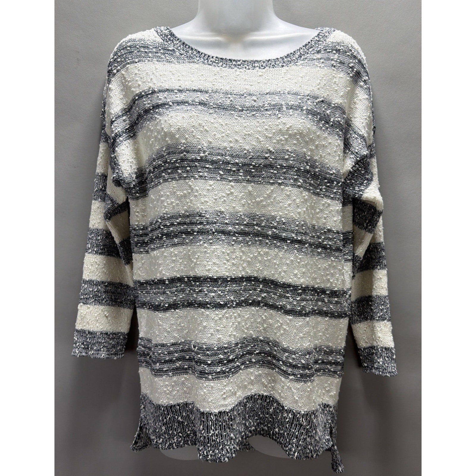 LOFT Women’s M Ivory Gray Striped Popcorn Knit Tunic Sweater Boat Neck Side Slit