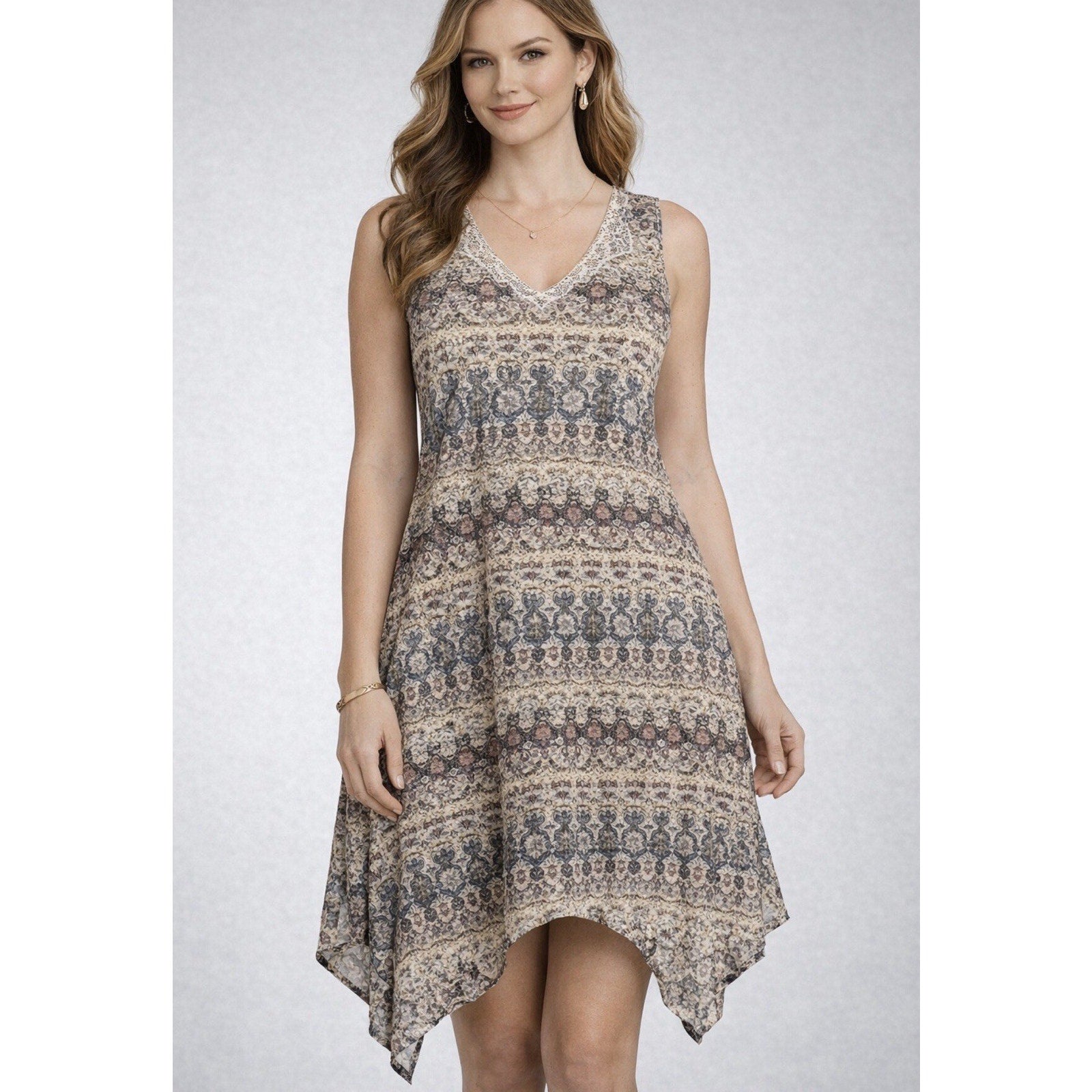 OneWorld Women’s XXL Sleeveless Printed Sharkbite Hem Dress Boho Stretch NWT