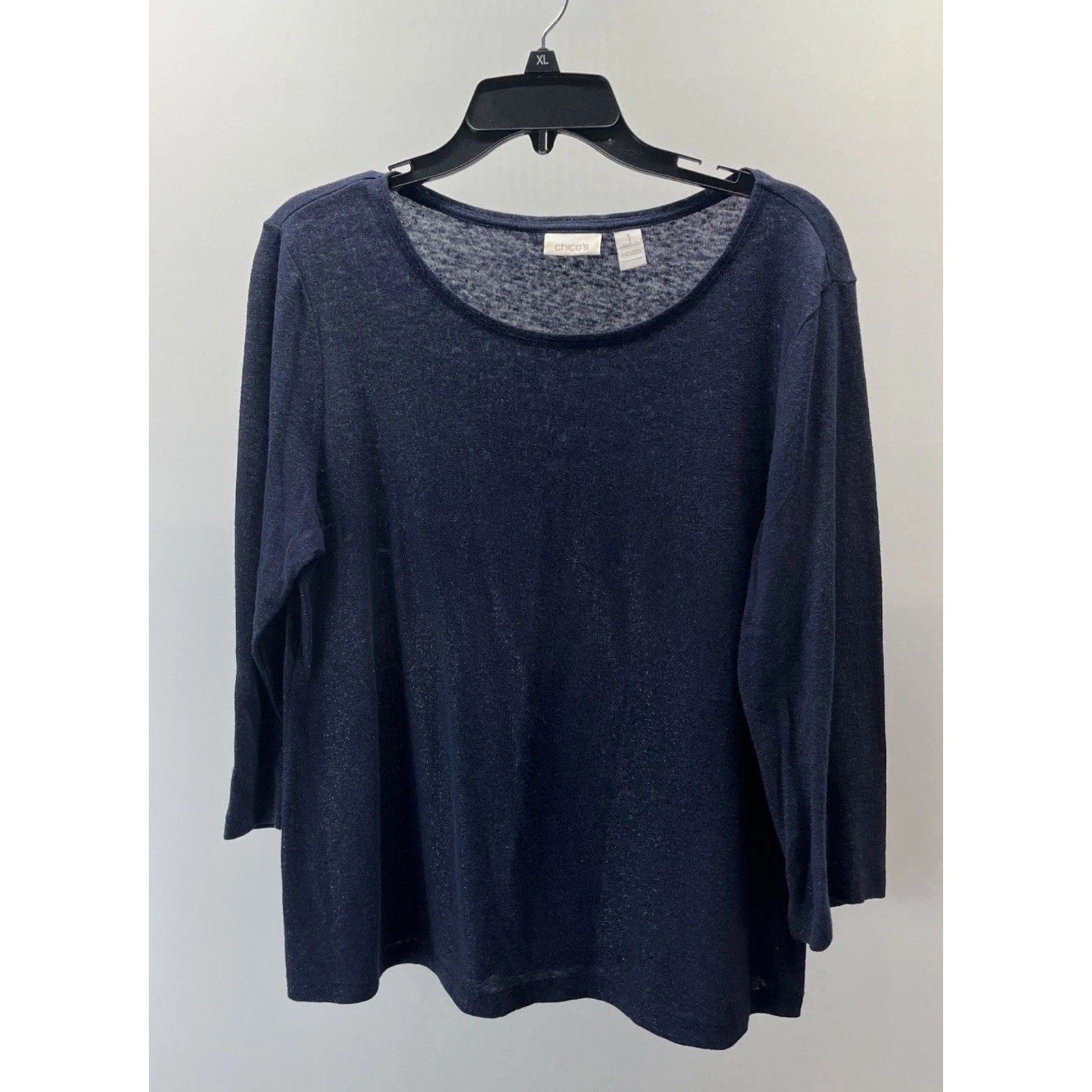 Chicos Size 1 Linen Blend Sweater Womens Medium Blue Metallic 3/4 Sleeve Spring