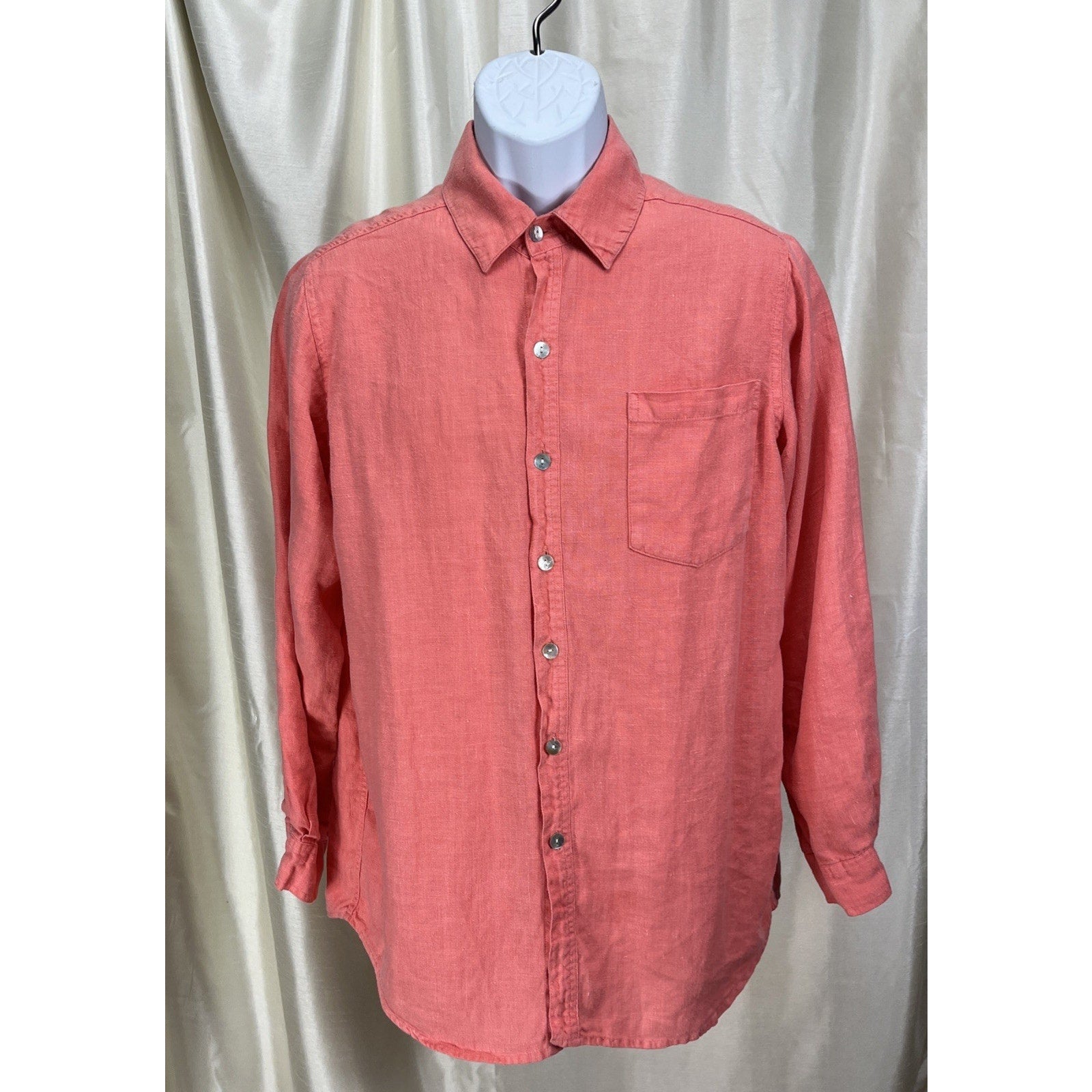 Chicos Design Men’s Button Up Shirt Long Sleeve 100% Linen Size 1 Medium Orange
