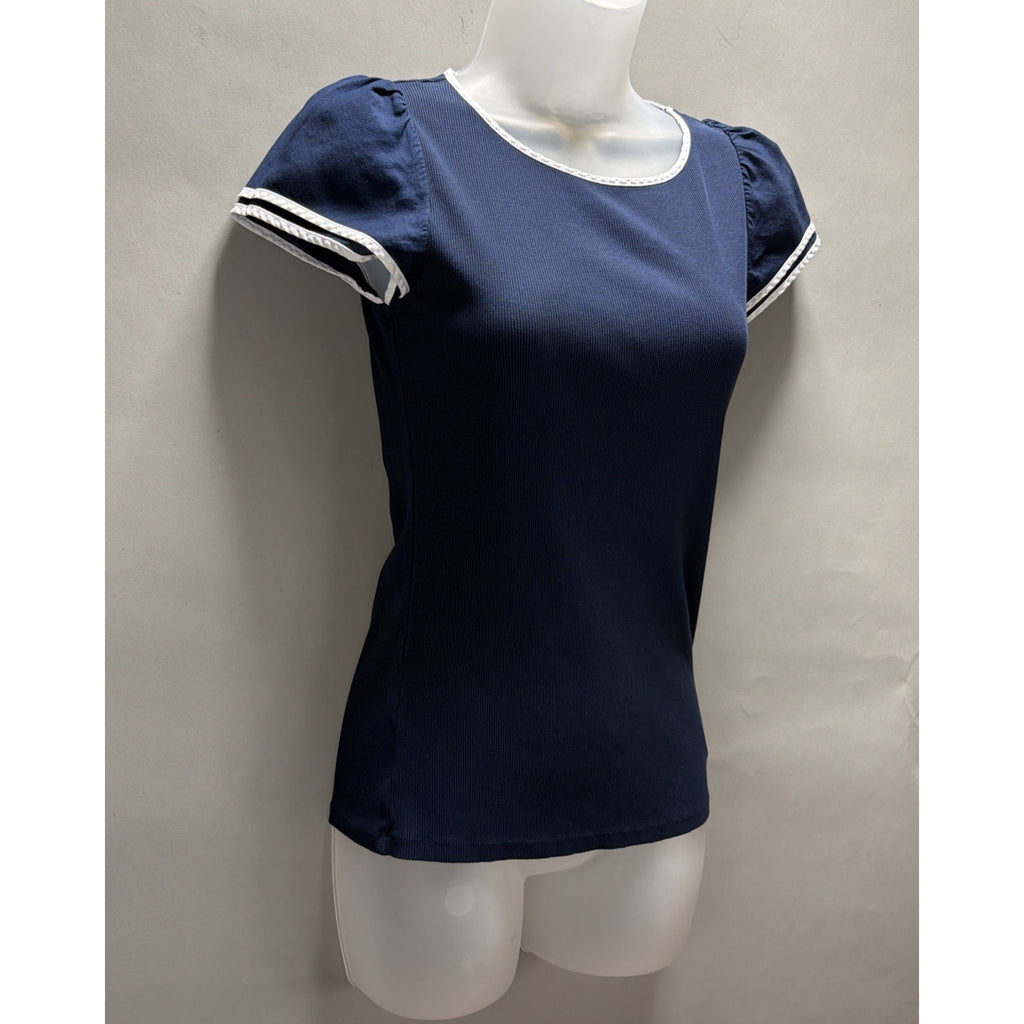 LAUREN RALPH LAUREN Pullover Navy Blue White Trim Cap Sleeve Top Size S