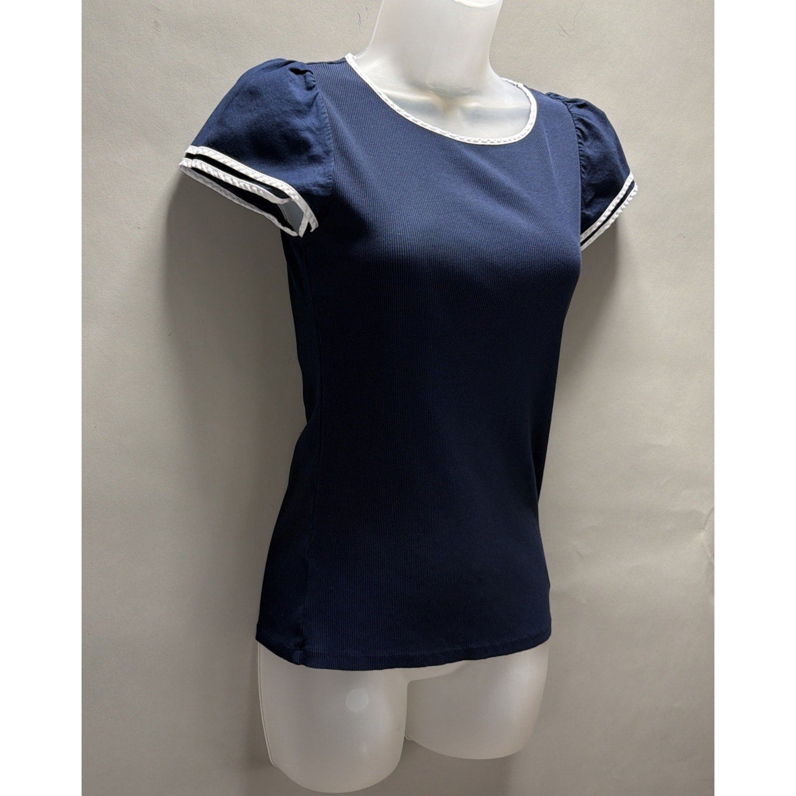 LAUREN RALPH LAUREN Pullover Navy Blue White Trim Cap Sleeve Top Size S