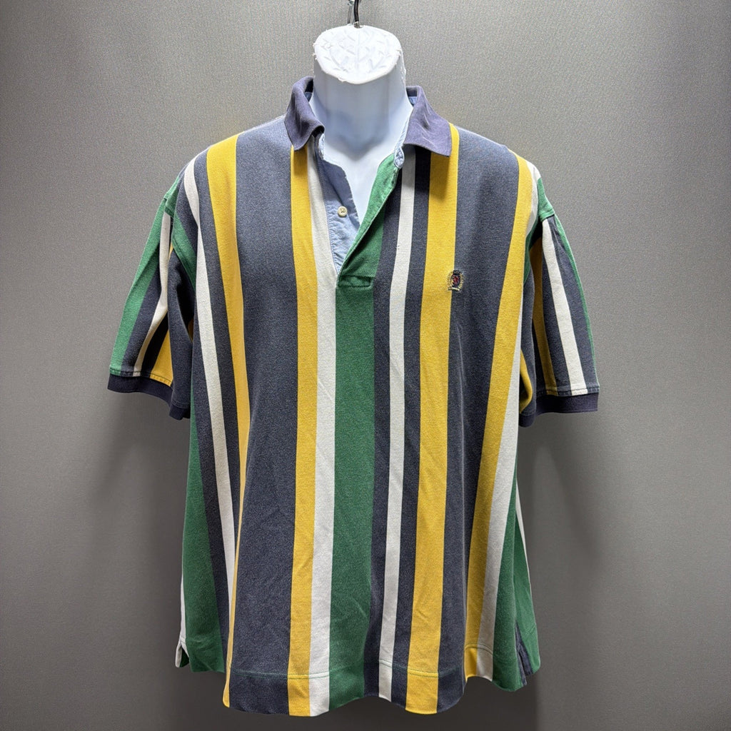 Vintage 90s Tommy Hilfiger Green White Faded Striped Polo Shirt Crest Mens L