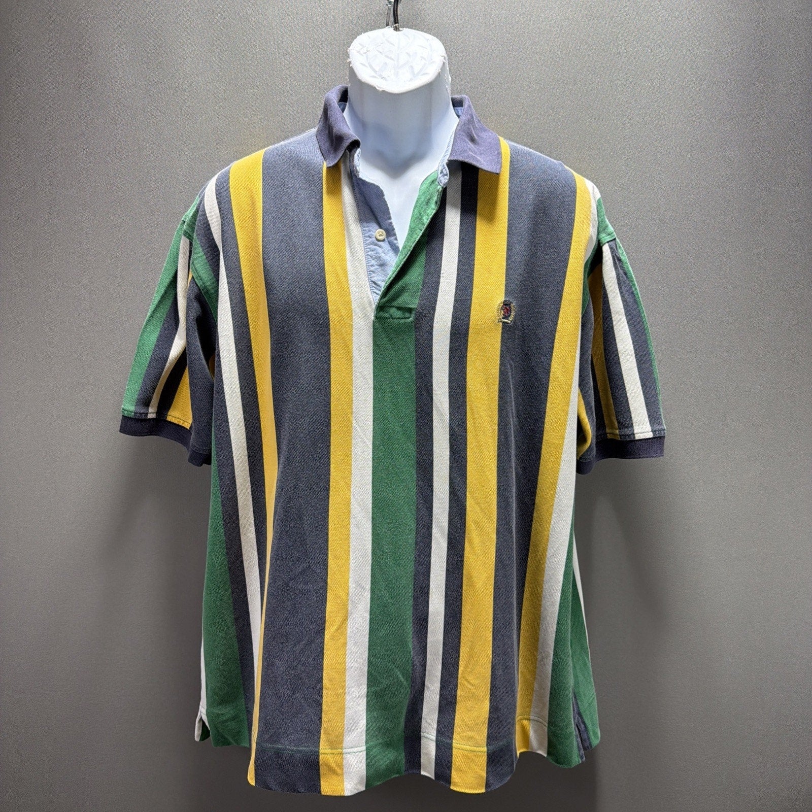 Vintage 90s Tommy Hilfiger Green White Faded Striped Polo Shirt Crest Mens L