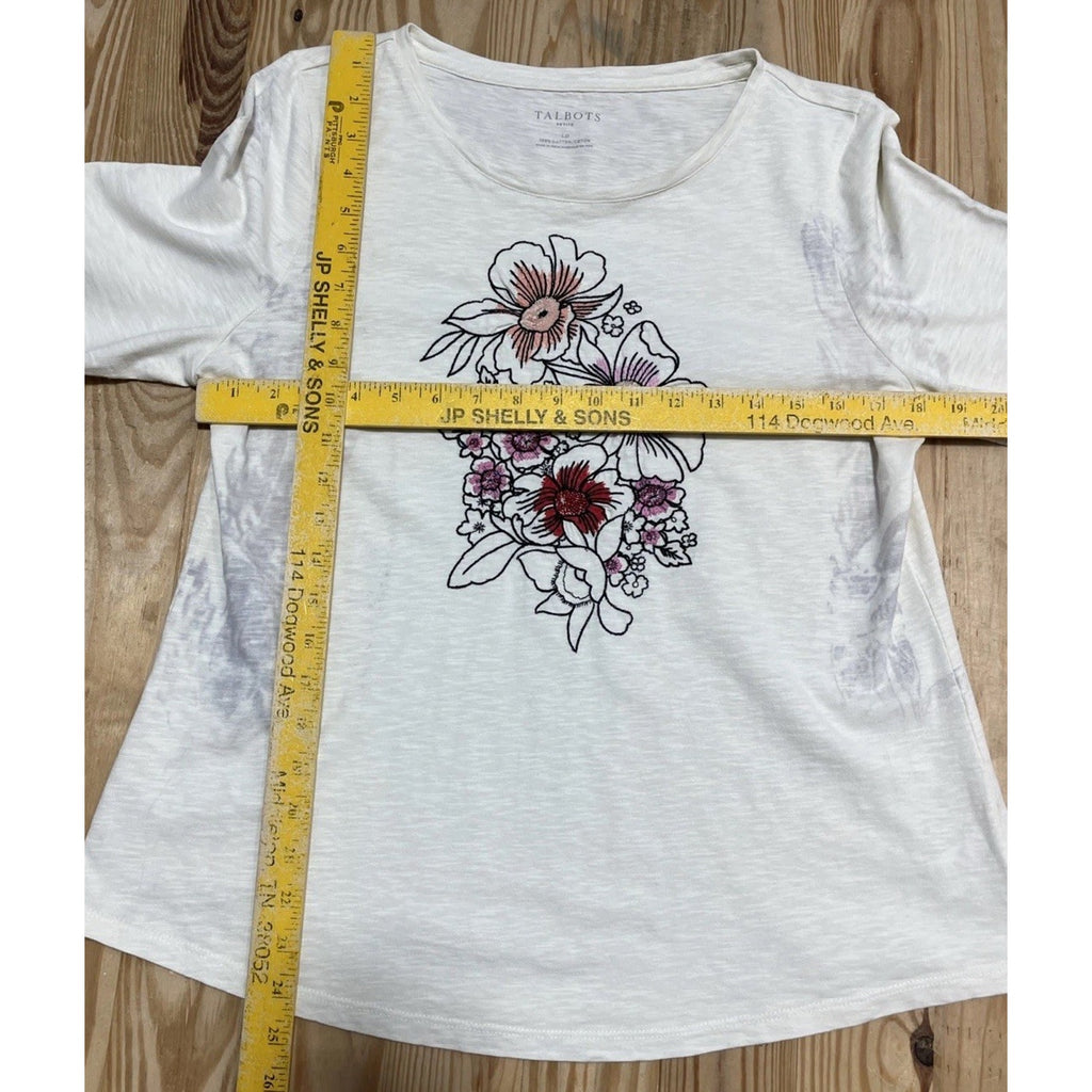 Talbots Eggshell T Shirt Large Petite With Sequin Flowers Women’s