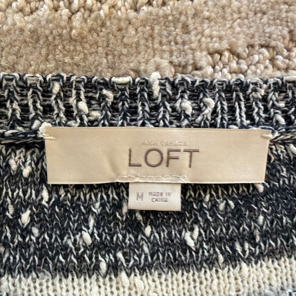 LOFT Women’s M Ivory Gray Striped Popcorn Knit Tunic Sweater Boat Neck Side Slit