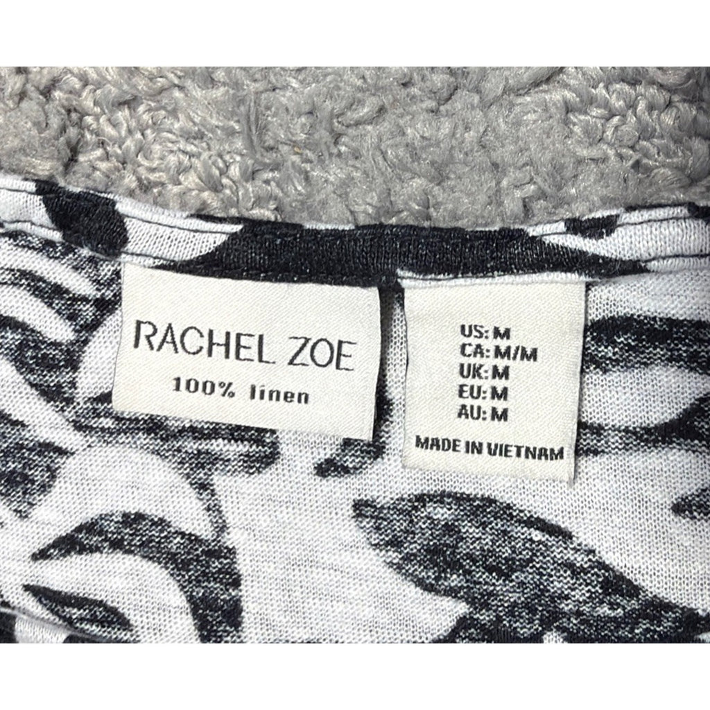 Rachel Zoe Women's 100% Linen Black White Floral Short Sleeve Top Sz M Resort