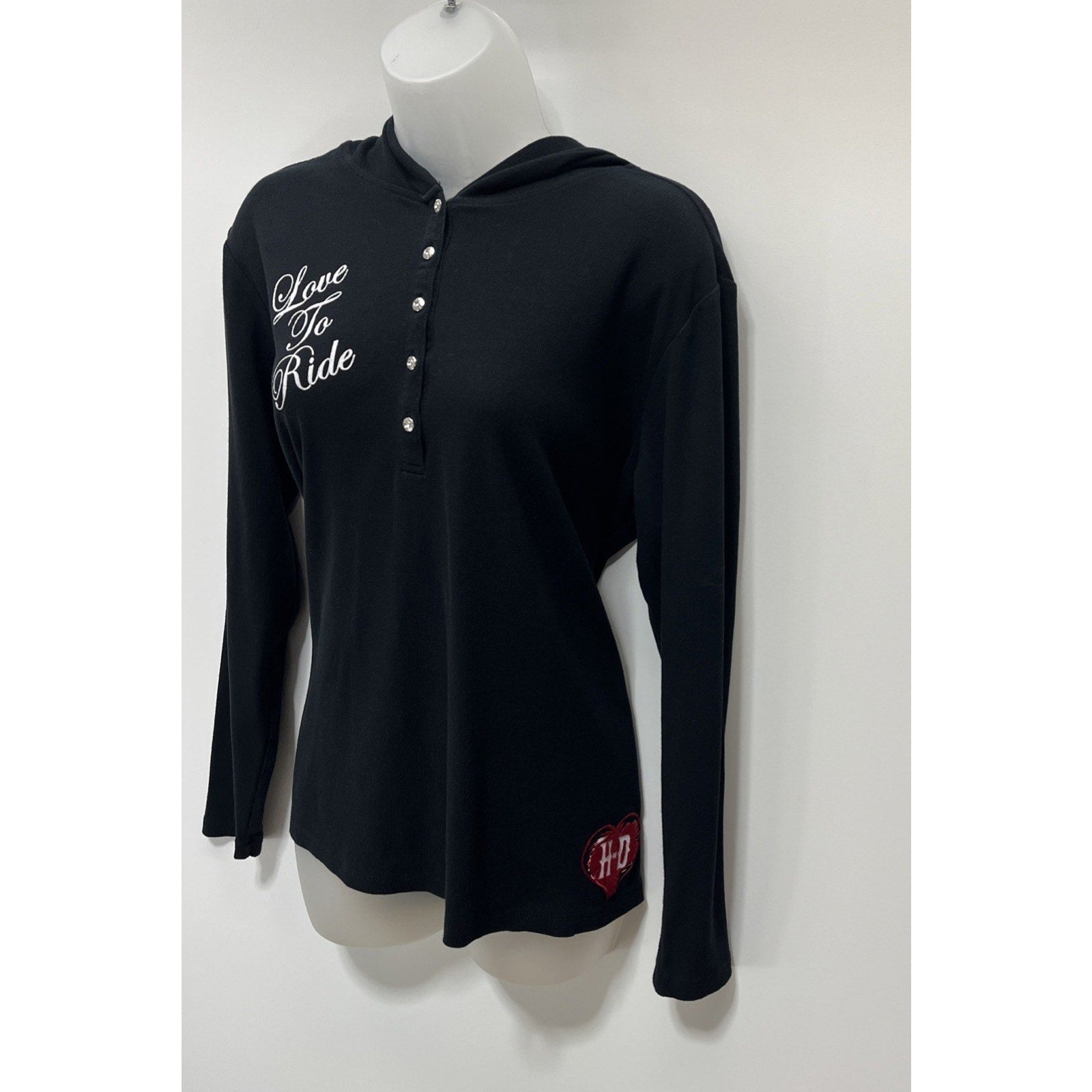 Black Love to Ride Harley Davidson bling velvet heart long sleeve Hoodie Sz 1W