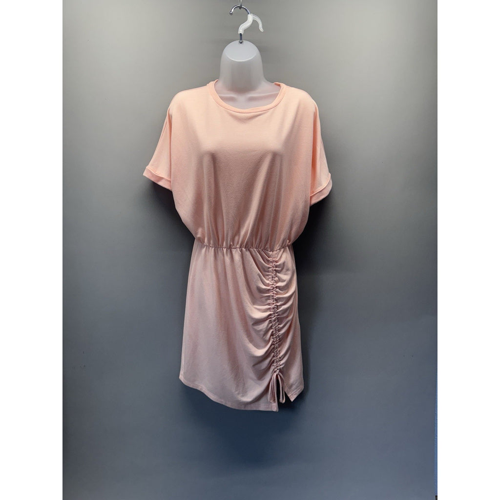 EXPRESS Medium Peach Ruched Mini Dress Elastic Waist Casual Stretch Vacation