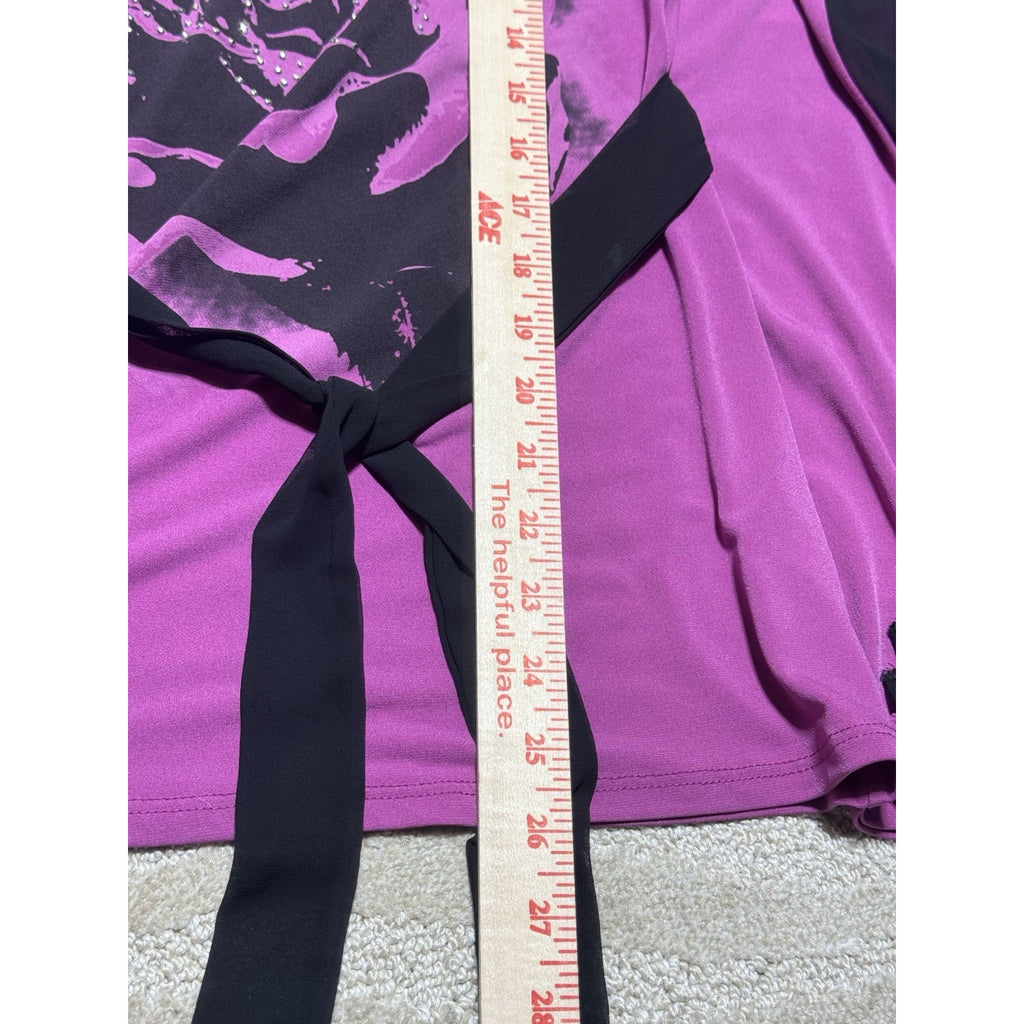 L8ter Womens Large One Shoulder Tunic Top Pink Black Rose Rhinestone Belted USA