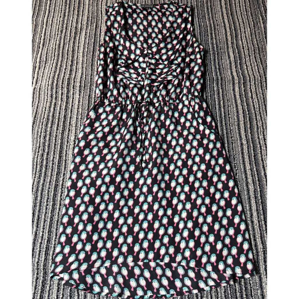 BeBop Dress Womens M Black Bird Print Ruffle V Neck Hi Low Drawstring Waist