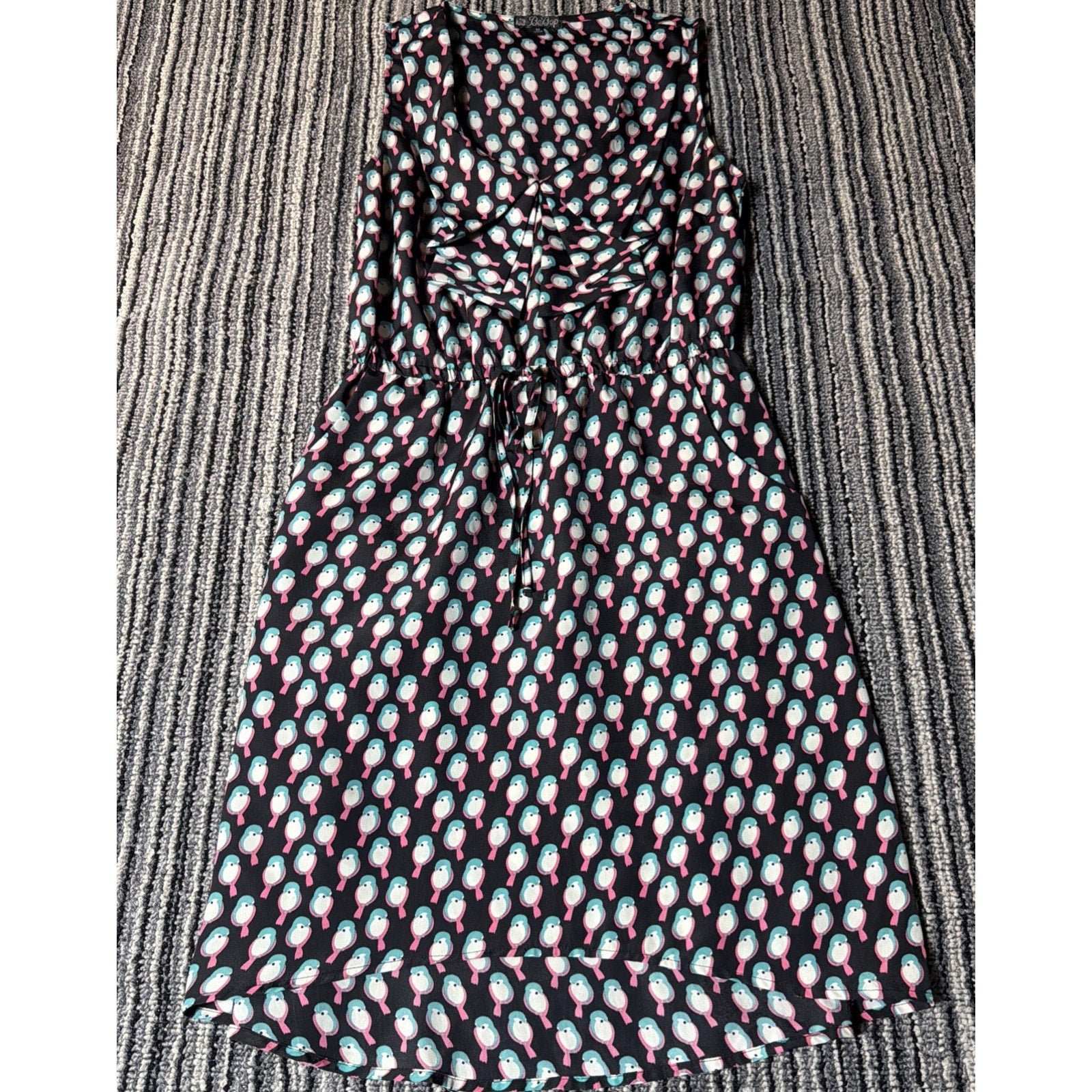 BeBop Dress Womens M Black Bird Print Ruffle V Neck Hi Low Drawstring Waist