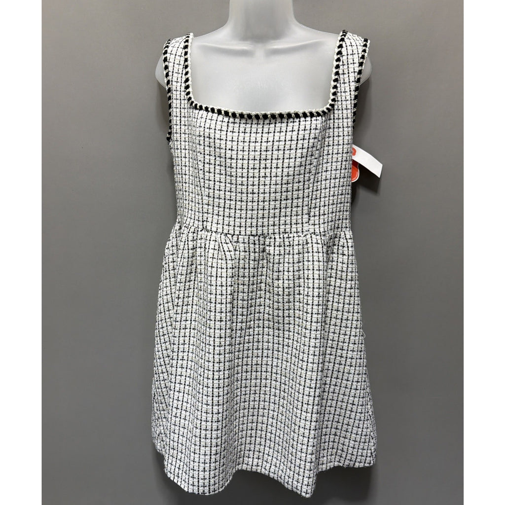 CIDER Women’s L Tweed Mini Dress Black White Plaid Square Neck Sleeveless NWT